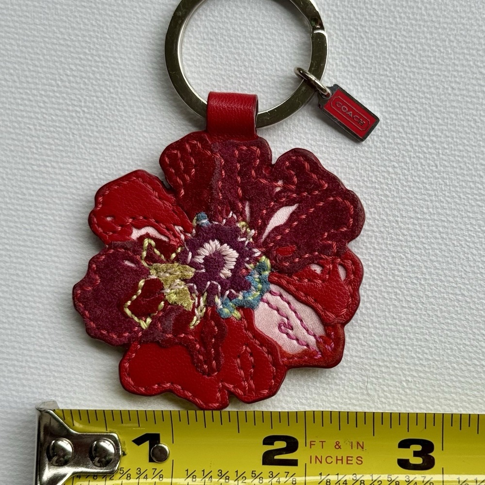 Coach Red Poppy Flower Signature Bag Charm Leather Keychain Fob VTG Y2K - Picture 16 of 16